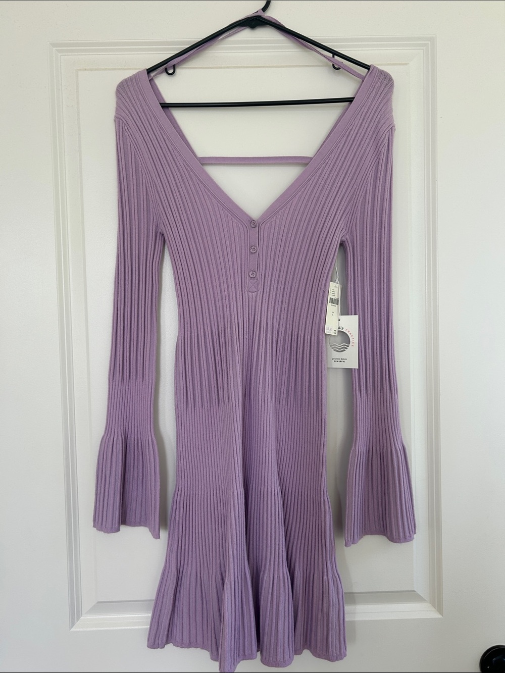 Ribbed V-Neck Bell Sleeve Sweater Dress in Lavender